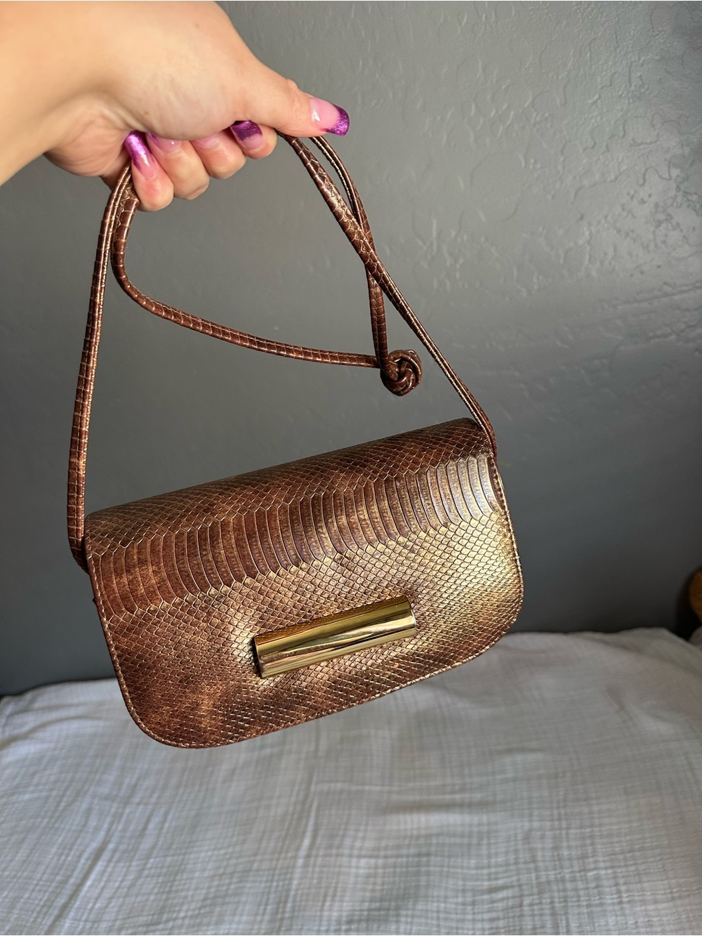 Metallic Bronze Textured Shoulder Bag with Gold Accent